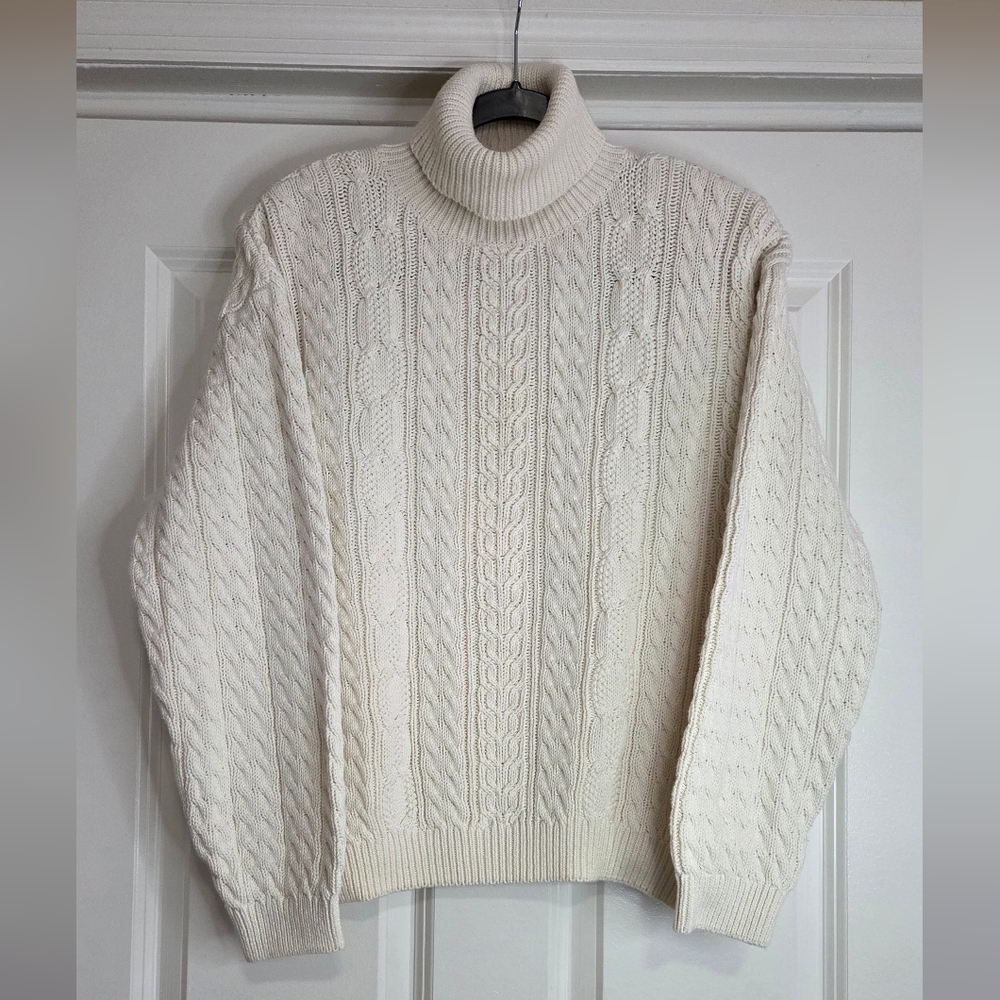 Vintage Lord & Taylor White Fisherman Cable Knit Cotton Turtleneck - Size L